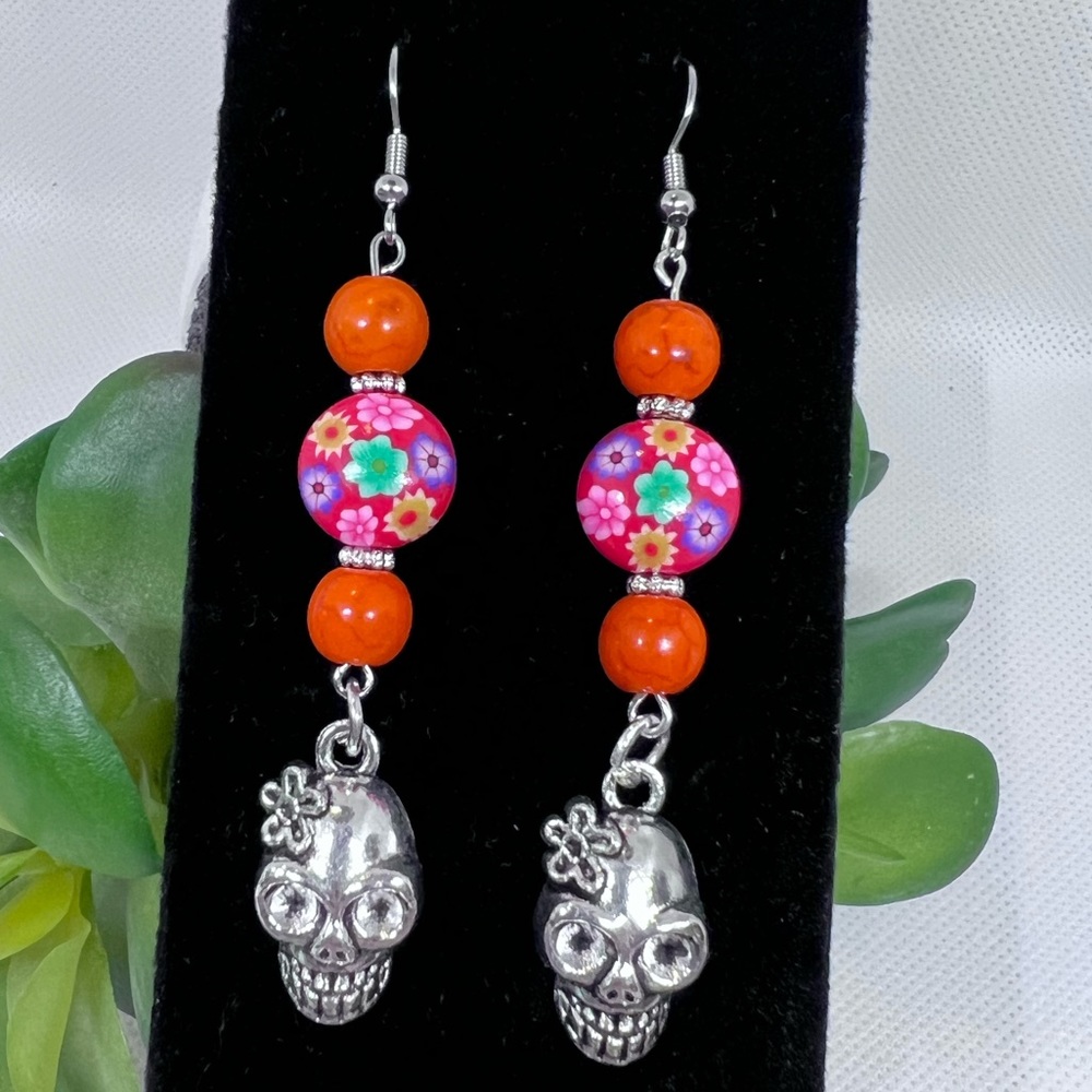 Cute handmade, bright colors, skull earrings.